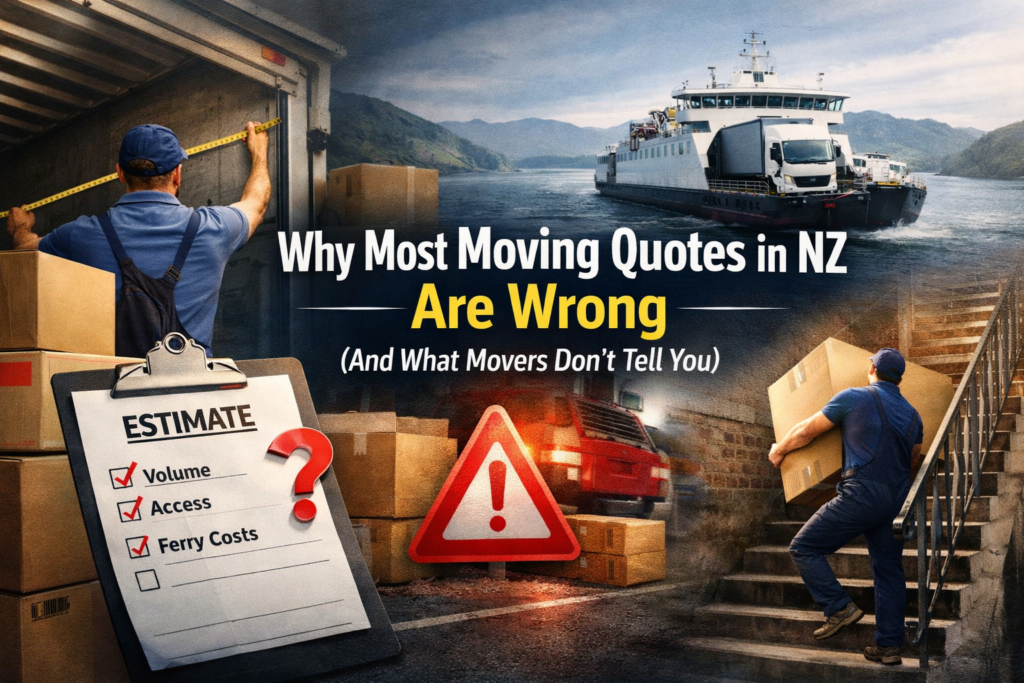 Moving quotes in NZ – professional movers calculating cubic metres and reviewing relocation paperwork during a house move assessment.”