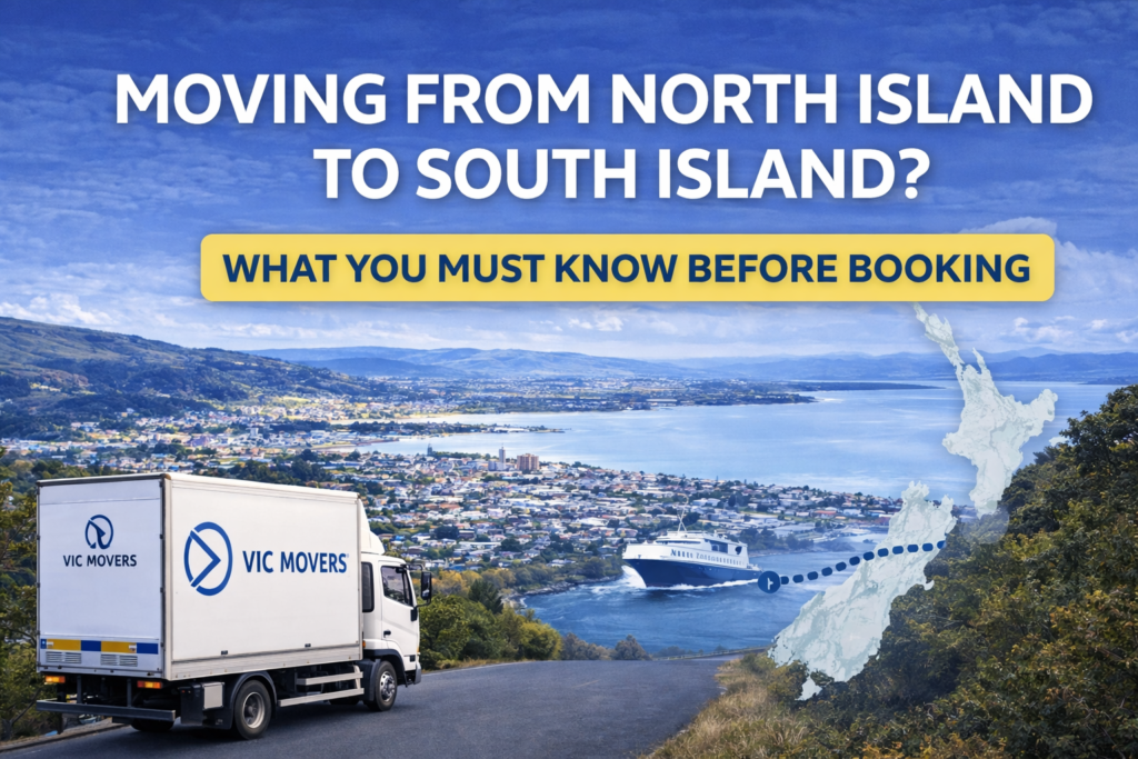 North Island to South Island moving guide NZ cover image showing a professional moving truck overlooking a coastal New Zealand city with ferry route illustration between the islands, highlighting interisland house relocation, long distance moving logistics, ferry transport planning, and professional movers in New Zealand.
