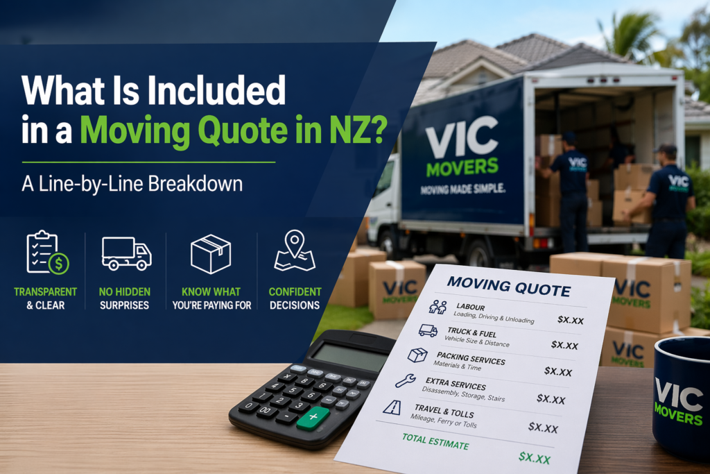Professional moving quote NZ breakdown showing a detailed cost estimate sheet with labour, truck, packing services, and travel charges alongside a moving truck and team loading boxes outside a residential home, illustrating what is included in a moving quote in New Zealand for local and long-distance house moves.