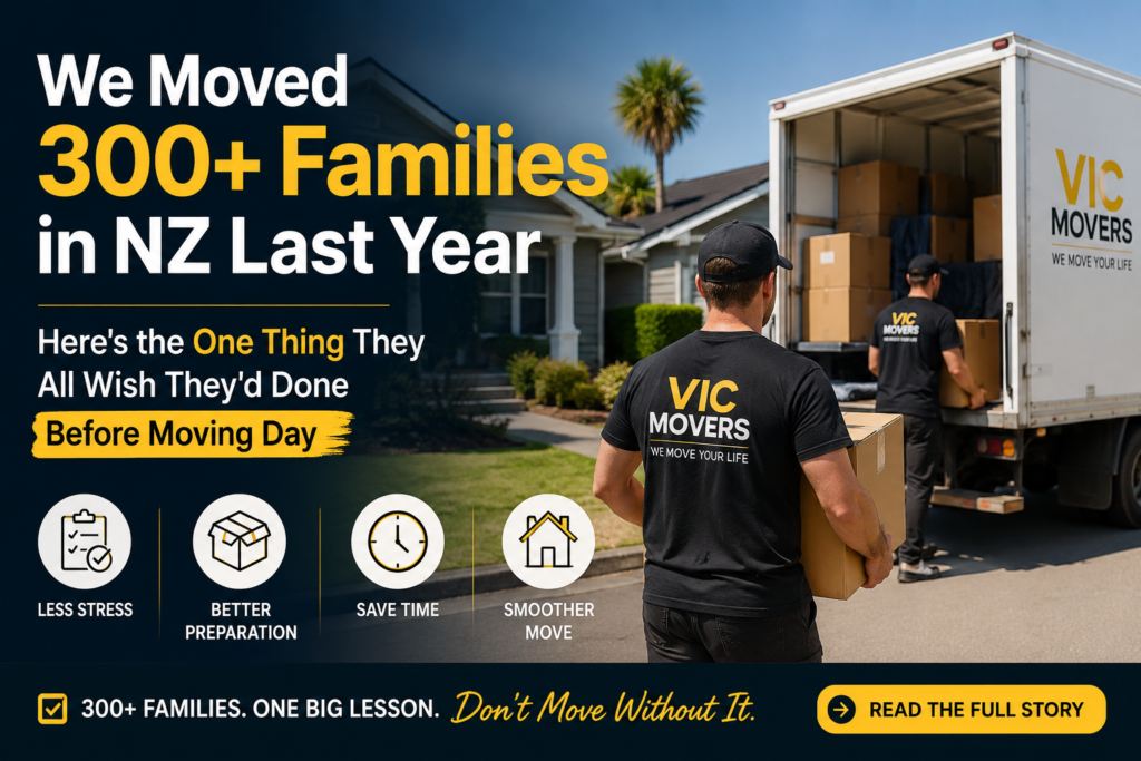 Professional moving team loading a moving truck outside a New Zealand family home for a blog titled “We Moved 300+ Families in NZ Last Year | Here’s the One Thing They All Wish They’d Done Before Moving Day.” The image highlights expert NZ movers, stress-free house moving, moving preparation tips, packing advice, and family relocation services in Auckland, Tauranga, Hamilton, and across New Zealand. Ideal visual for blogs about moving day preparation, house moving checklist NZ, professional movers NZ, and large family relocations.
